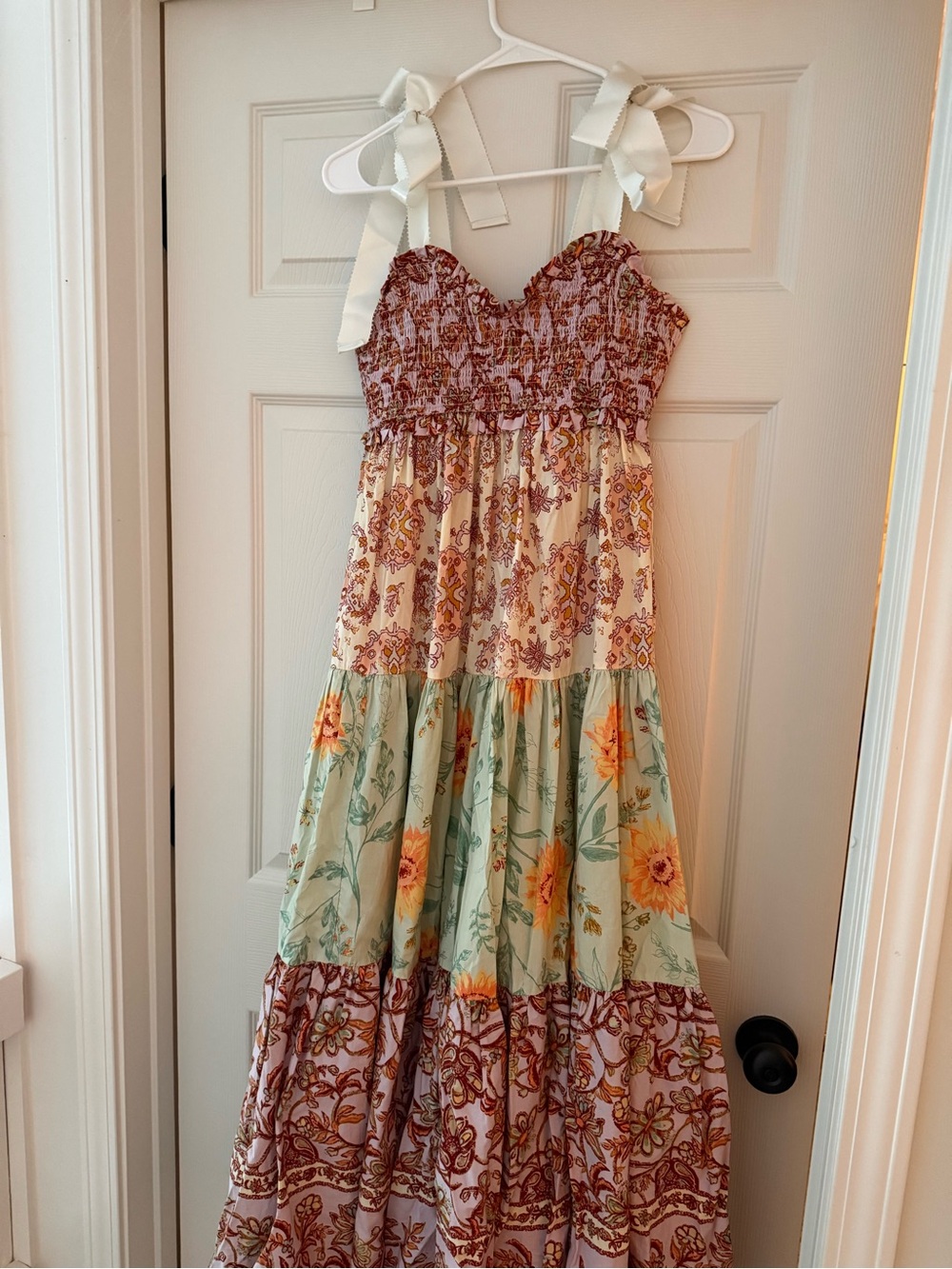 Free People Multi-Color Tiered Maxi Dress with Bow Tie Straps